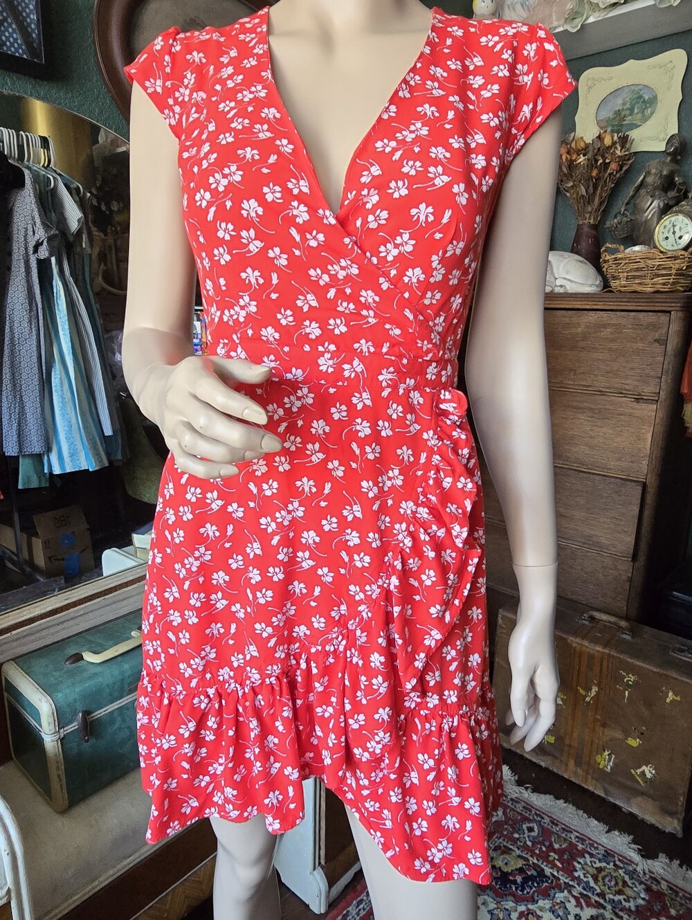 J. Crew Mercantile Red Floral Faux Wrap Mini Dress Ruffle Cap Sleeve V-Neck XS